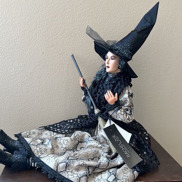 Halloween Witch Doll w/Skull Black Lace Faux Snake Skin Dress 25" Shelf Sitter - Picture 3 of 6
